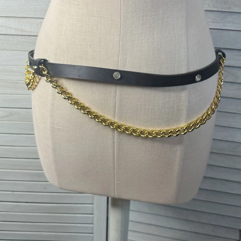 Bebe Leather Belt with Rhinestones and Gold Chains. New with Tags. Size M/L